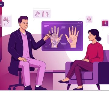 رسم توضيحي لطبيب يشرح تفاصيل جراحة تجميل اليد والأصابع في تركيا لمريض في عيادة حديثة 