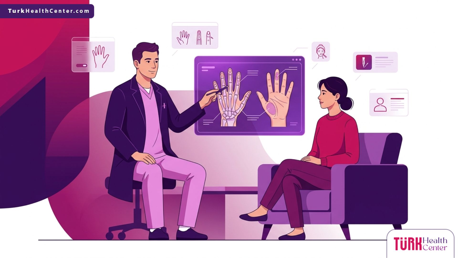 رسم توضيحي لطبيب يشرح تفاصيل جراحة تجميل اليد والأصابع في تركيا لمريض في عيادة حديثة 