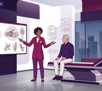 رسم توضيحي طبي متقدم يظهر طبيباً يشرح تفاصيل جراحة ترميم الأوتار في اليد لمريض في عيادة حديثة 