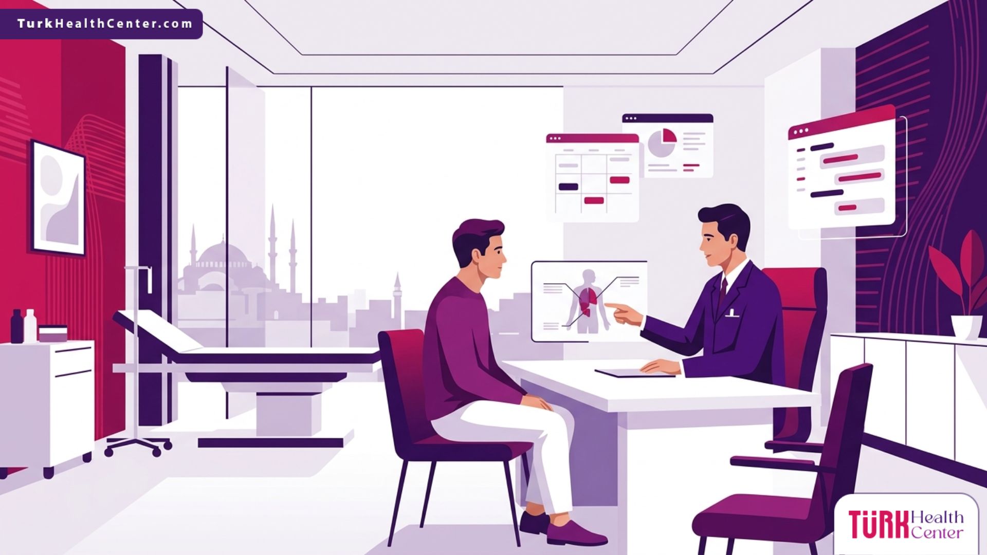 رسم توضيحي يظهر طبيباً متخصصاً يشرح تفاصيل جراحة ترميم الصدمات في إسطنبول لمريض داخل عيادة طبية حديثة 