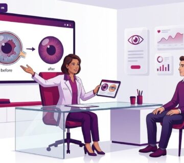 رسم توضيحي لطبيب يشرح خطوات جراحة ترميم القزحية لمريض في عيادة طبية حديثة فاخرة 