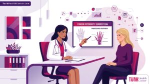 رسم توضيحي حديث يظهر طبيباً يشرح تفاصيل جراحة تشوهات الأصابع للمريض في عيادة طبية فاخرة 