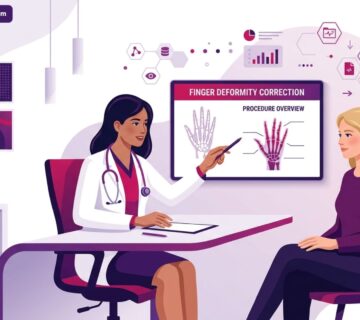 رسم توضيحي حديث يظهر طبيباً يشرح تفاصيل جراحة تشوهات الأصابع للمريض في عيادة طبية فاخرة 