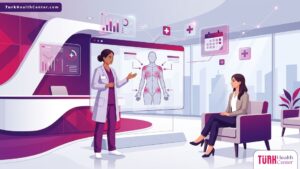 رسم توضيحي راقٍ لطبيب يشرح خطوات جراحة تصحيح عدم التماثل الجسدي للمريض في عيادة طبية حديثة 