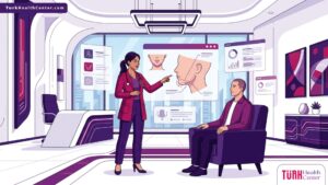 رسم توضيحي يظهر طبيب تجميل يشرح تفاصيل جراحة تصغير الذقن لمريض في عيادة طبية حديثة 