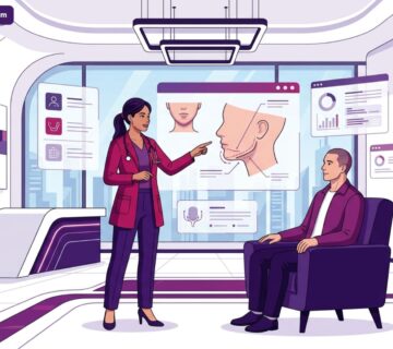 رسم توضيحي يظهر طبيب تجميل يشرح تفاصيل جراحة تصغير الذقن لمريض في عيادة طبية حديثة 