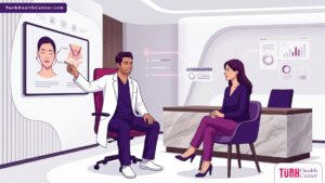 رسم توضيحي لعيادة تجميل حديثة وطبيب يشرح تفاصيل جراحة شد الجزء السفلي من الوجه في تركيا للمريض 