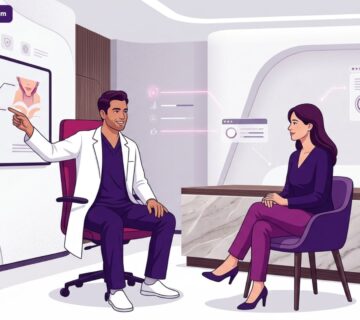 رسم توضيحي لعيادة تجميل حديثة وطبيب يشرح تفاصيل جراحة شد الجزء السفلي من الوجه في تركيا للمريض 