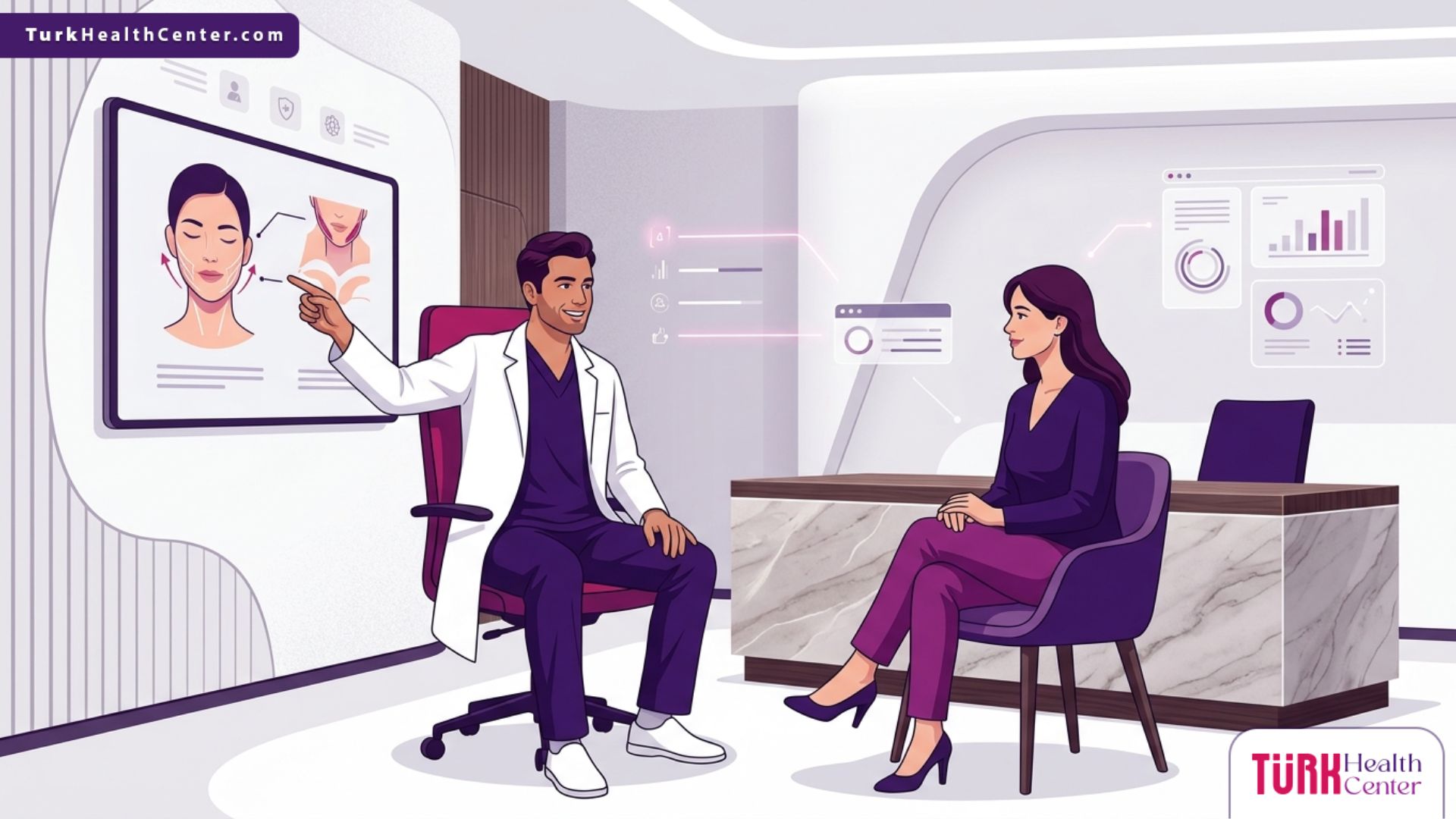 رسم توضيحي لعيادة تجميل حديثة وطبيب يشرح تفاصيل جراحة شد الجزء السفلي من الوجه في تركيا للمريض 