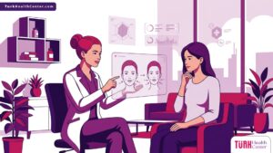رسم توضيحي عالي الجودة يظهر طبيب تجميل يشرح تفاصيل جراحة غمازات الوجه الدائمة في تركيا لمريض داخل عيادة حديثة 
