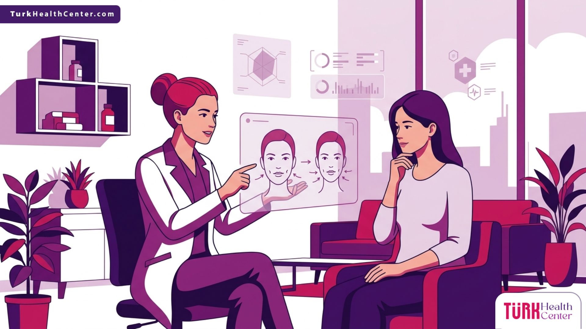 رسم توضيحي عالي الجودة يظهر طبيب تجميل يشرح تفاصيل جراحة غمازات الوجه الدائمة في تركيا لمريض داخل عيادة حديثة