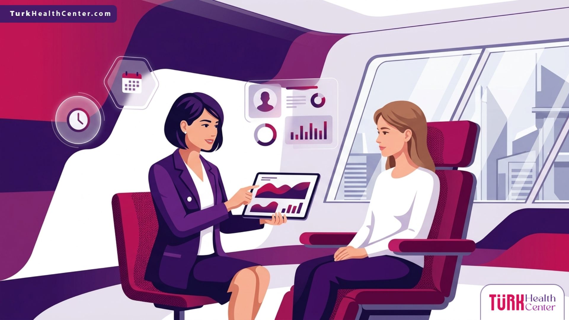 رسم توضيحي مسطح يظهر استشارة طبية احترافية في عيادة فاخرة من أجل حجز موعد جراحة تجميل في تركيا
