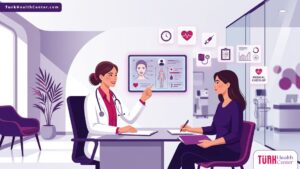 رسم توضيحي راقي لطبيب يشرح خطوات الفحص الطبي قبل التجميل للمريض في عيادة حديثة