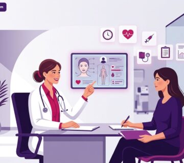 رسم توضيحي راقي لطبيب يشرح خطوات الفحص الطبي قبل التجميل للمريض في عيادة حديثة