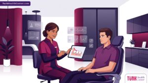 رسم توضيحي لطبيب أسنان يشرح خطوات خلع ضرس العقل في تركيا لمريض داخل عيادة حديثة 