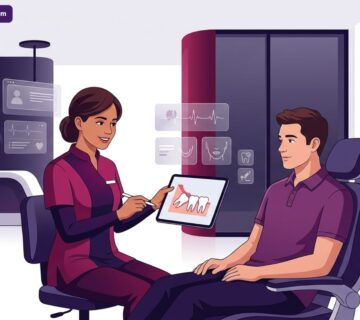 رسم توضيحي لطبيب أسنان يشرح خطوات خلع ضرس العقل في تركيا لمريض داخل عيادة حديثة 