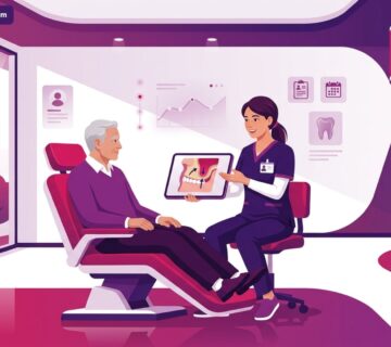 رسم توضيحي يظهر طبيب أسنان يشرح إجراءات رفع الجيب الفكي في تركيا لمريض داخل عيادة فخمة ومجهزة 