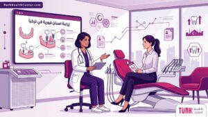 طبيب أسنان يشرح إجراءات زراعة اسنان فورية في تركيا لمريض داخل عيادة طبية حديثة ومجهزة 