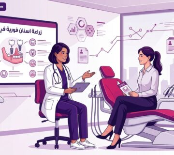 طبيب أسنان يشرح إجراءات زراعة اسنان فورية في تركيا لمريض داخل عيادة طبية حديثة ومجهزة 