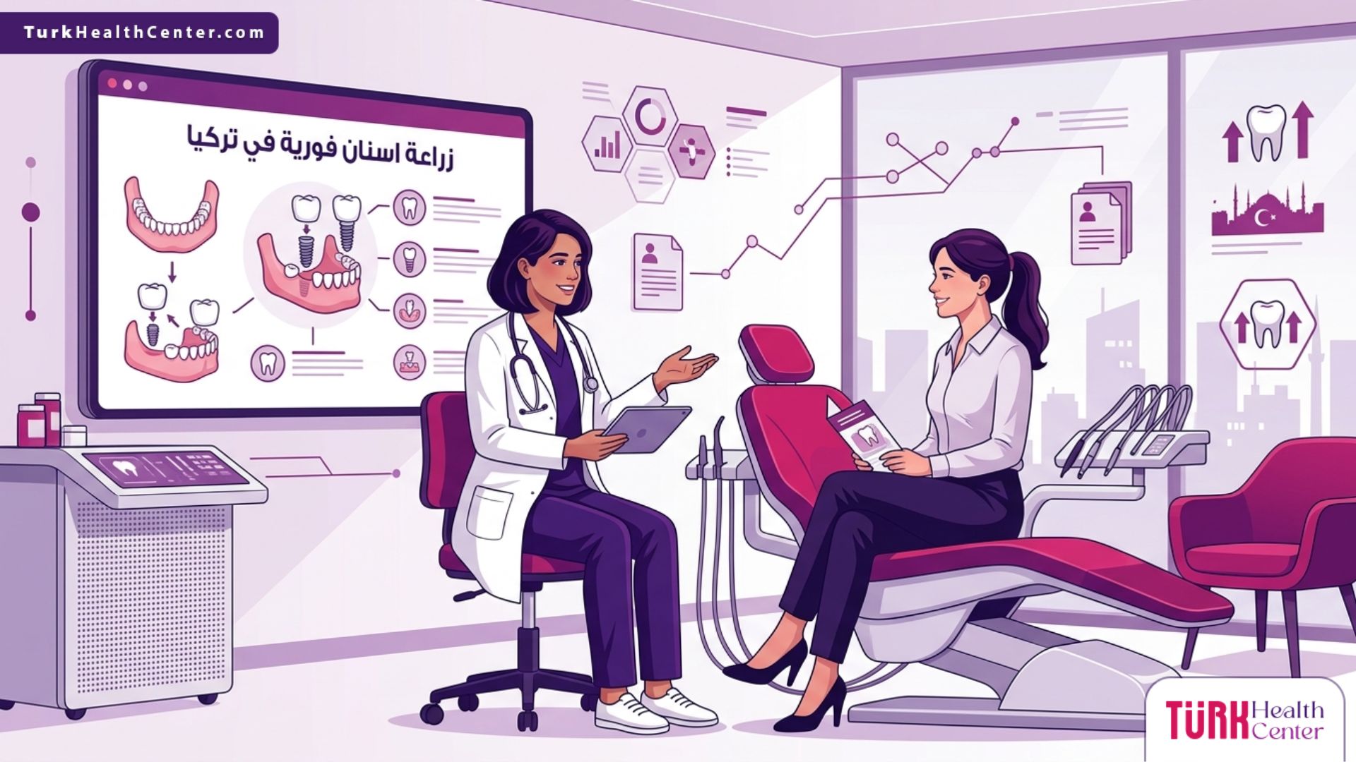 طبيب أسنان يشرح إجراءات زراعة اسنان فورية في تركيا لمريض داخل عيادة طبية حديثة ومجهزة 