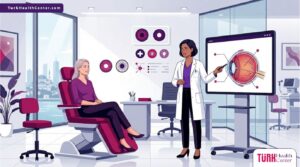 رسم توضيحي عصري لطبيب يشرح خطوات زراعة العدسات داخل العين في تركيا لمريض داخل عيادة فاخرة 