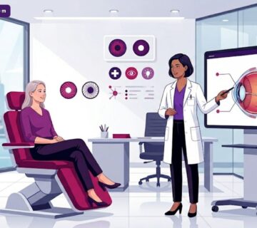 رسم توضيحي عصري لطبيب يشرح خطوات زراعة العدسات داخل العين في تركيا لمريض داخل عيادة فاخرة 