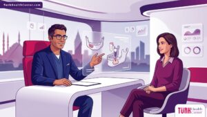 رسم توضيحي متقدم يظهر طبيباً يشرح خطوات زراعة عظم الفك في تركيا داخل عيادة طبية فاخرة 