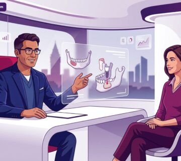 رسم توضيحي متقدم يظهر طبيباً يشرح خطوات زراعة عظم الفك في تركيا داخل عيادة طبية فاخرة 