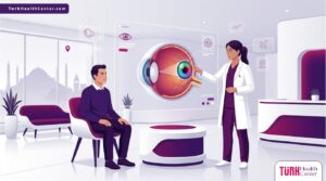 رسم توضيحي يظهر طبيب يشرح خطوات عملية زراعة قزحية صناعية في تركيا لمريض داخل عيادة فاخرة 