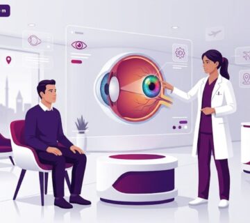 رسم توضيحي يظهر طبيب يشرح خطوات عملية زراعة قزحية صناعية في تركيا لمريض داخل عيادة فاخرة 