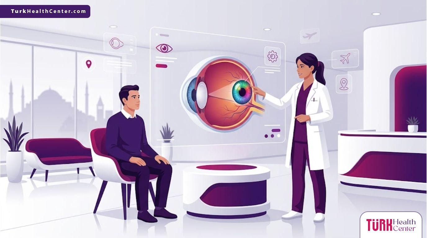 رسم توضيحي يظهر طبيب يشرح خطوات عملية زراعة قزحية صناعية في تركيا لمريض داخل عيادة فاخرة 
