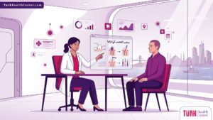 رسم توضيحي يظهر طبيباً متخصصاً يشرح إجراءات سحب العصب في تركيا لمريض داخل عيادة أسنان حديثة وفاخرة 