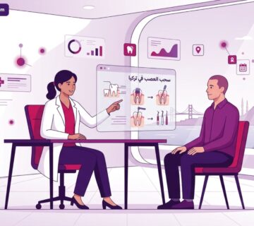 رسم توضيحي يظهر طبيباً متخصصاً يشرح إجراءات سحب العصب في تركيا لمريض داخل عيادة أسنان حديثة وفاخرة 