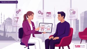 رسم توضيحي متقدم لطبيب أسنان يشرح إجراءات سدادات الشقوق السنية في تركيا لمريض داخل عيادة فاخرة 