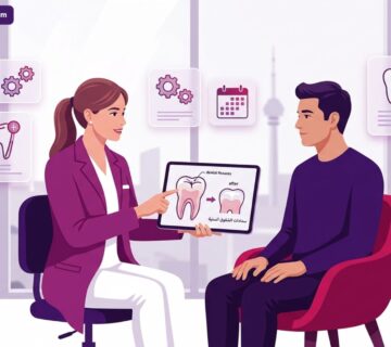 رسم توضيحي متقدم لطبيب أسنان يشرح إجراءات سدادات الشقوق السنية في تركيا لمريض داخل عيادة فاخرة 
