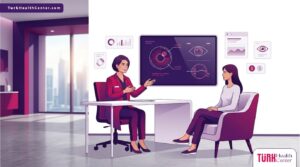 رسم توضيحي لطبيب يشرح إجراءات سعر زراعة القزحية في تركيا للمريض داخل عيادة فاخرة بألوان البنفسجي والمجنتة 