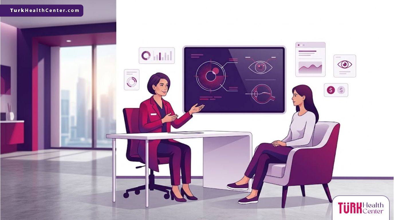 رسم توضيحي لطبيب يشرح إجراءات سعر زراعة القزحية في تركيا للمريض داخل عيادة فاخرة بألوان البنفسجي والمجنتة 