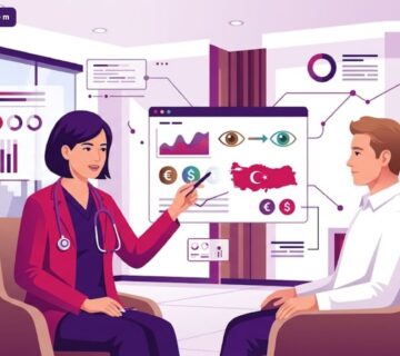 رسم توضيحي يظهر طبيب يشرح تفاصيل وسعر عملية تغيير لون العين في تركيا داخل عيادة حديثة 