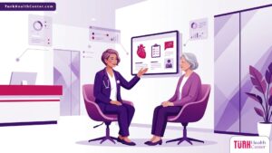 رسم توضيحي للطبيب يشرح شروط إجراء عمليات التجميل لكبار السن للمريض في بيئة طبية راقية 