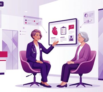 رسم توضيحي للطبيب يشرح شروط إجراء عمليات التجميل لكبار السن للمريض في بيئة طبية راقية 