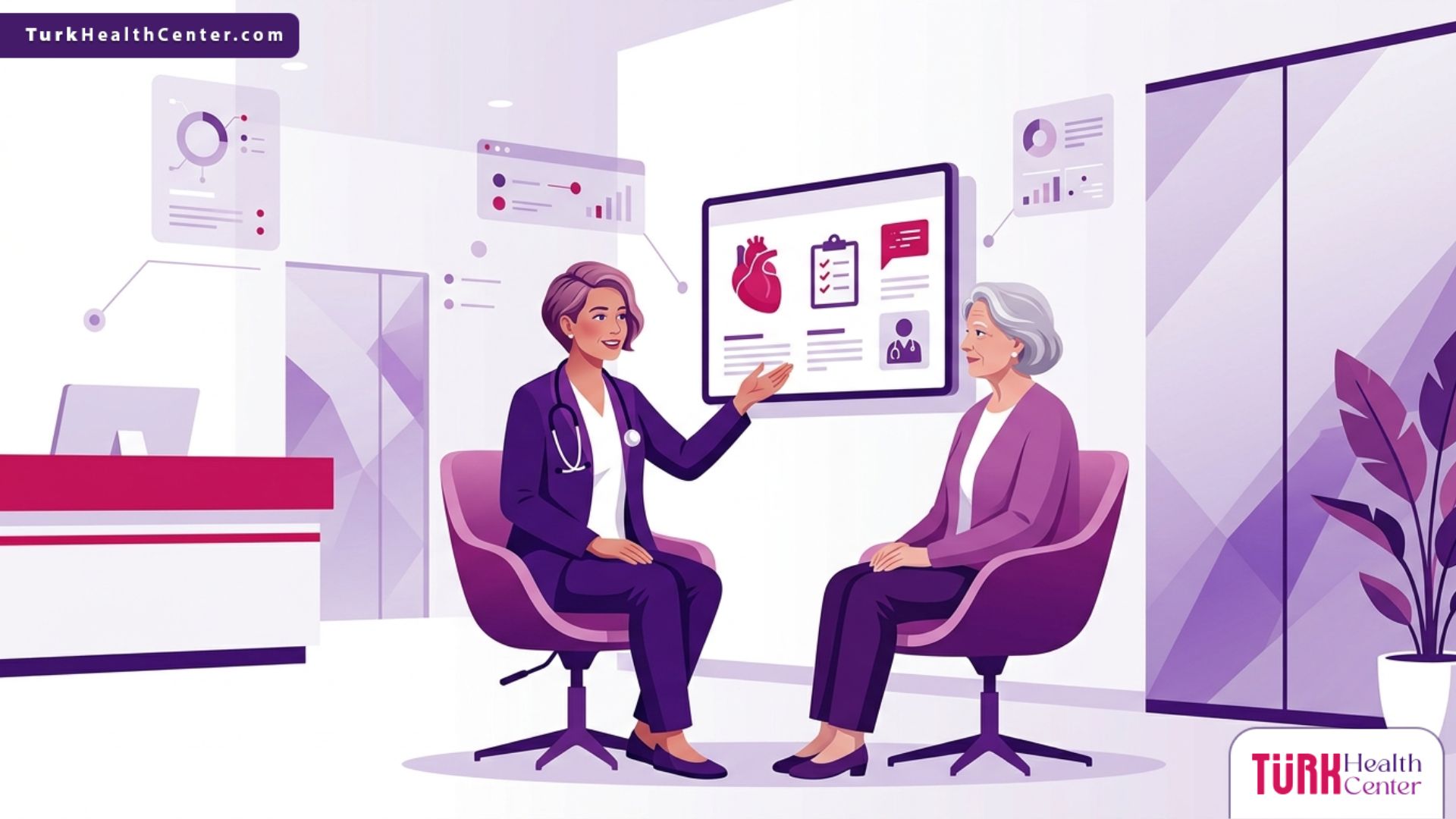 رسم توضيحي للطبيب يشرح شروط إجراء عمليات التجميل لكبار السن للمريض في بيئة طبية راقية 