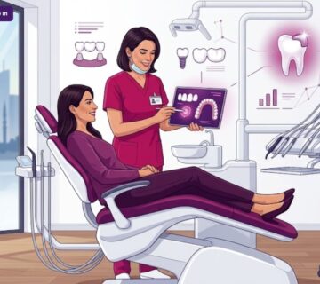 رسم توضيحي لعيادة أسنان حديثة يشرح فيها الطبيب للمريض عملية تركيبات البورسلين في تركيا بألوان فاخرة 