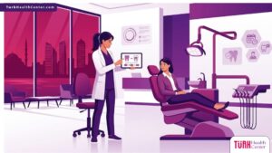 رسم توضيحي عصري لعيادة طبية يشرح فيها الطبيب طرق علاج اصفرار الاسنان في تركيا للمريض 