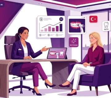 رسم توضيحي يظهر طبيب يشرح اسعار تبييض الاسنان بالليزر في تركيا لمريض في عيادة فاخرة 