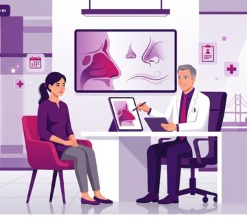 رسوم توضيحية فنية لعيادة طبية حديثة تشرح إجراءات تجميل الأنف الوظيفي في تركيا للمرضى 