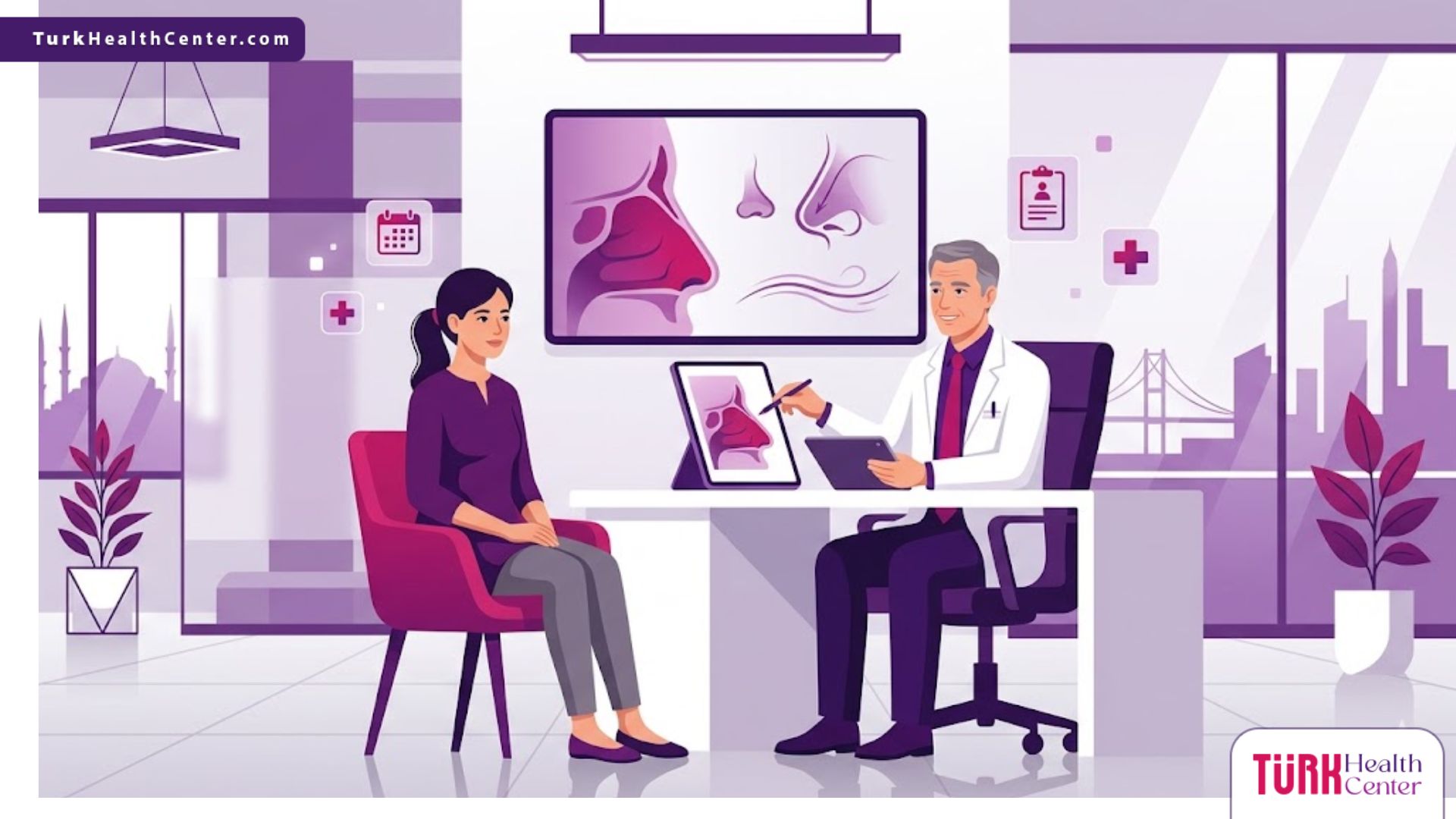 رسوم توضيحية فنية لعيادة طبية حديثة تشرح إجراءات تجميل الأنف الوظيفي في تركيا للمرضى 