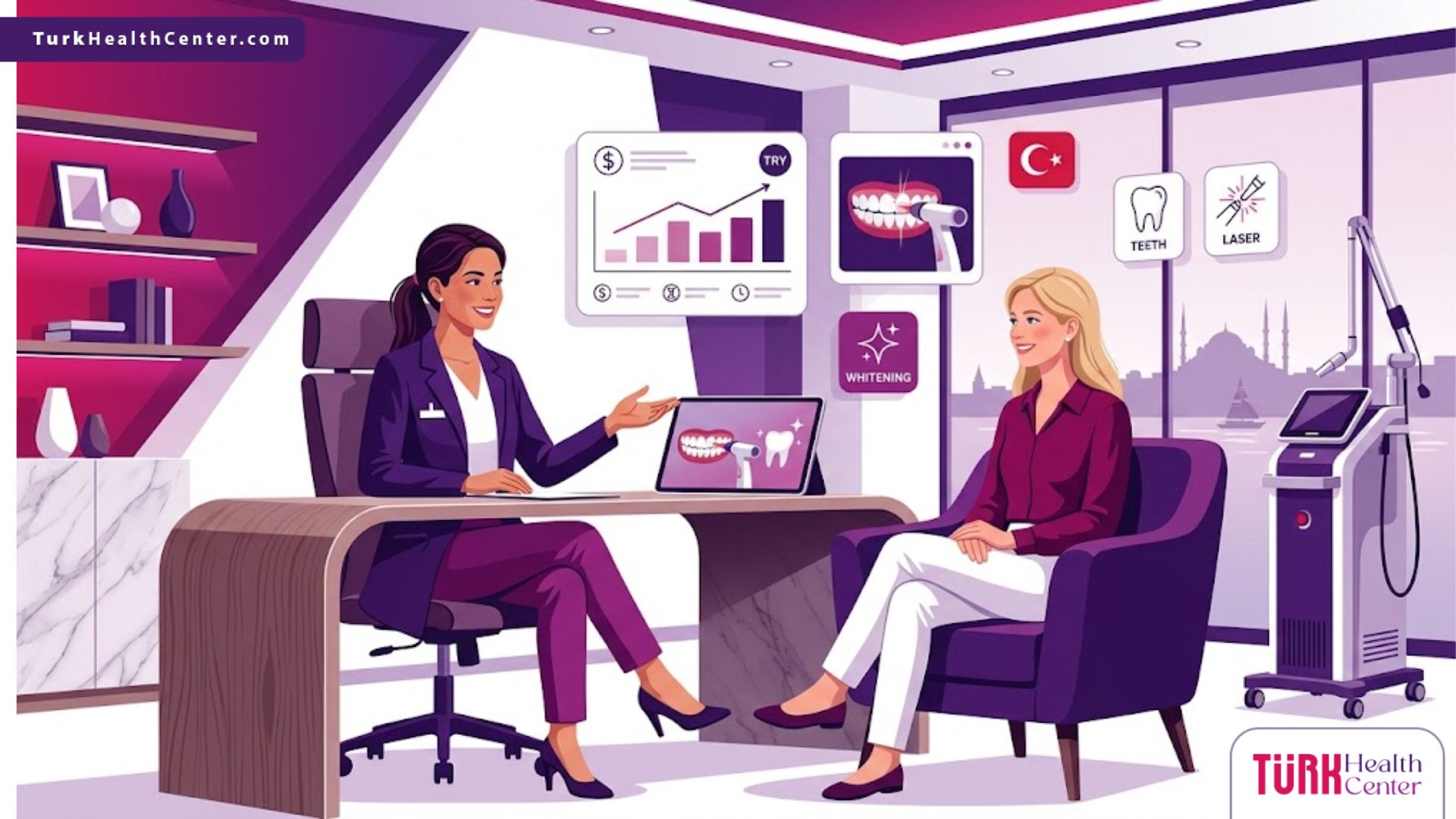 رسم توضيحي يظهر طبيب يشرح اسعار تبييض الاسنان بالليزر في تركيا لمريض في عيادة فاخرة 