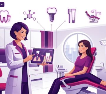 رسوم توضيحية لعيادة أسنان فاخرة تشرح تفاصيل تجربتي مع زراعة الاسنان الفورية مع مريض 