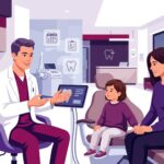 رسم توضيحي يظهر طبيب اسنان اطفال في تركيا يشرح خطوات العلاج لطفل ووالده في عيادة حديثة 