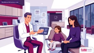 رسم توضيحي يظهر طبيب اسنان اطفال في تركيا يشرح خطوات العلاج لطفل ووالده في عيادة حديثة 